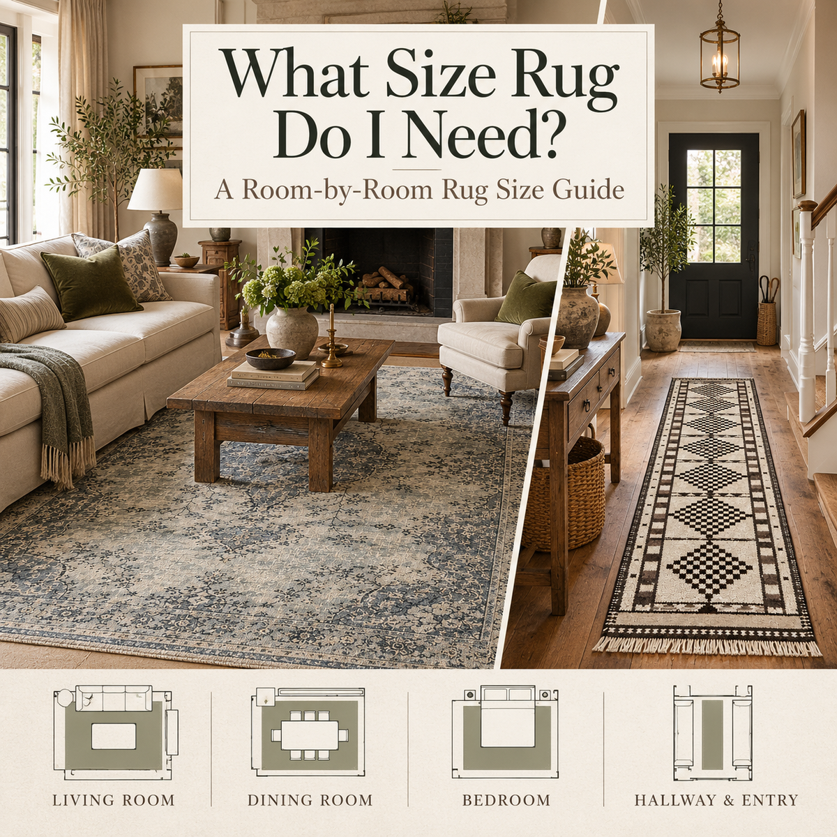 Vintage rug sized correctly for a living room