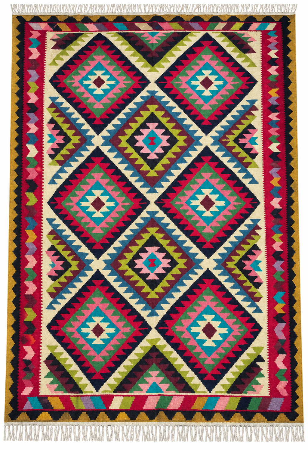 Vintage multicolour Oushak kilim with diamond medallions, 202 × 296 cm