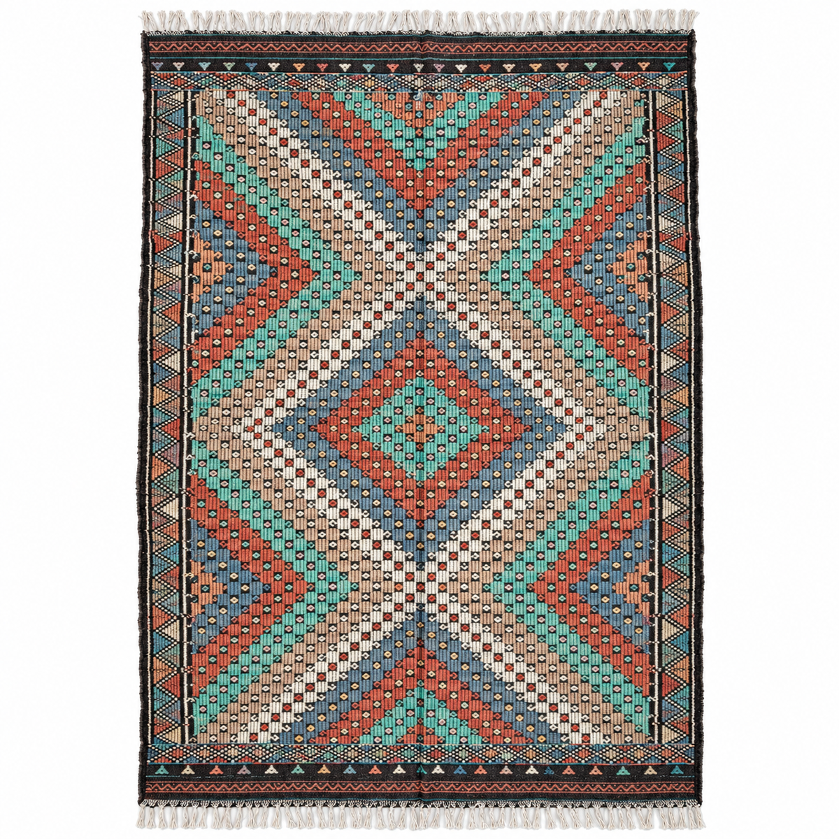 Vintage Manisa cicim kilim in turquoise and rust, 200 × 344 cm