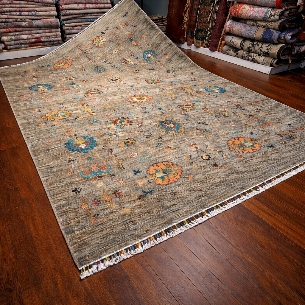 Afghan Sultani Chobi Rug – 200×300 cm – Hand-Knotted Wool – Grey Beige Floral Statement Carpet