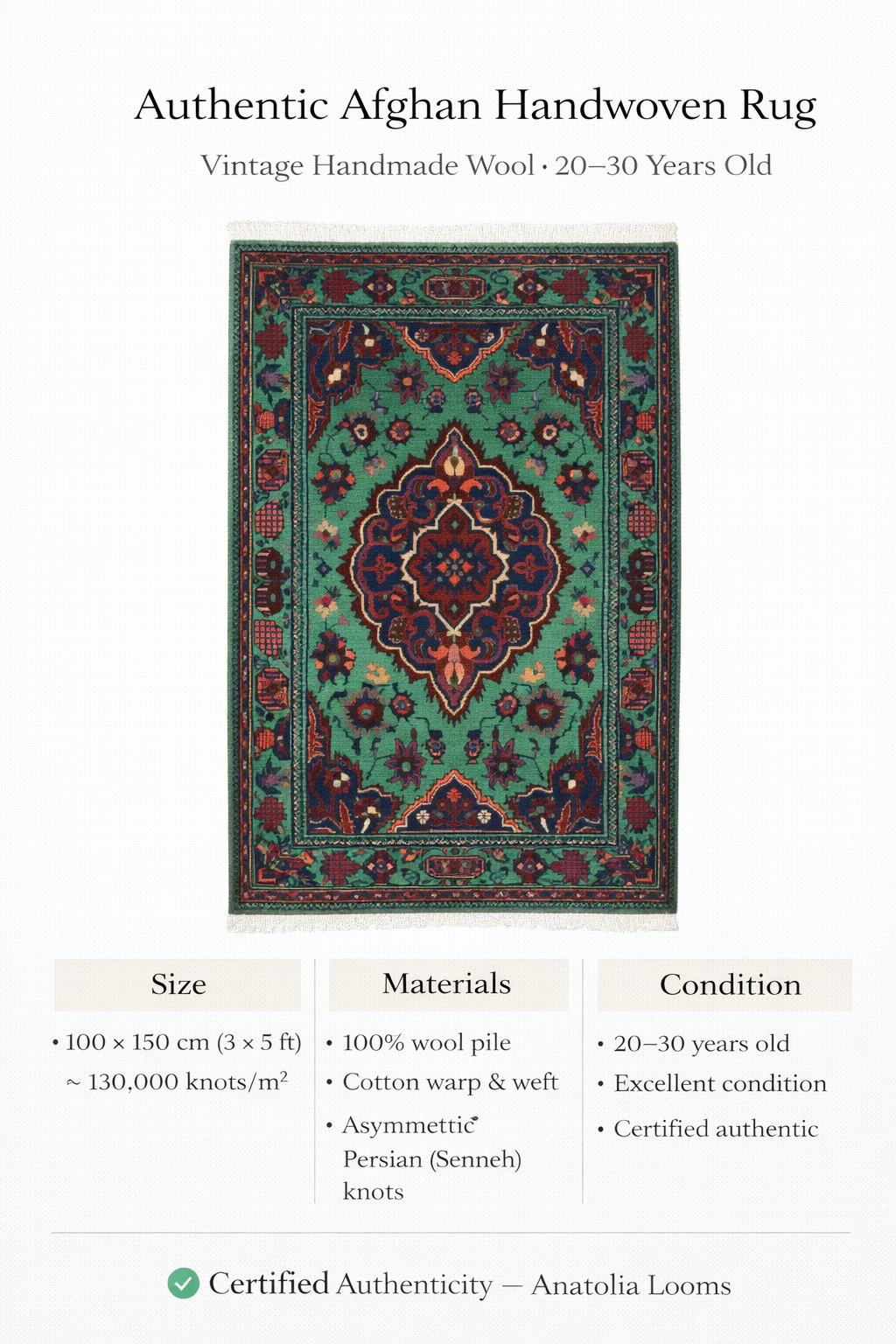 Afghan Sultani Medallion Rug – 100×150 cm | Handwoven Wool Tribal Carpet