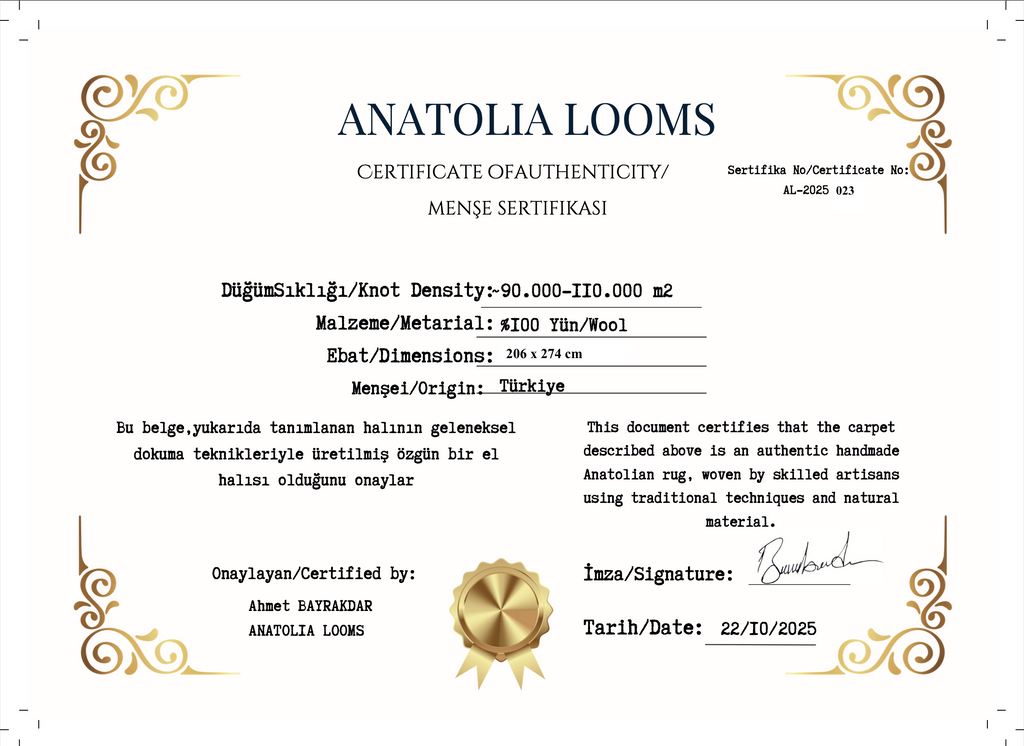 Antique Anatolian Yörük Rug – 206 × 274 cm – Handwoven Wool – Natural Vegetable Dyes – Tribal Geometric