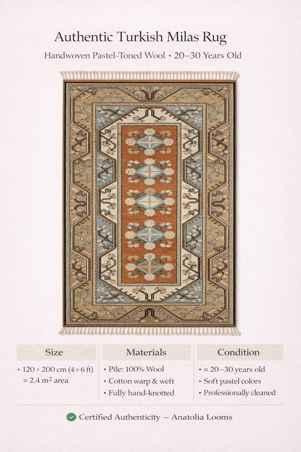 Turkish Milas Wool Rug – 120×200 cm | Handwoven Pastel Anatolian Carpet