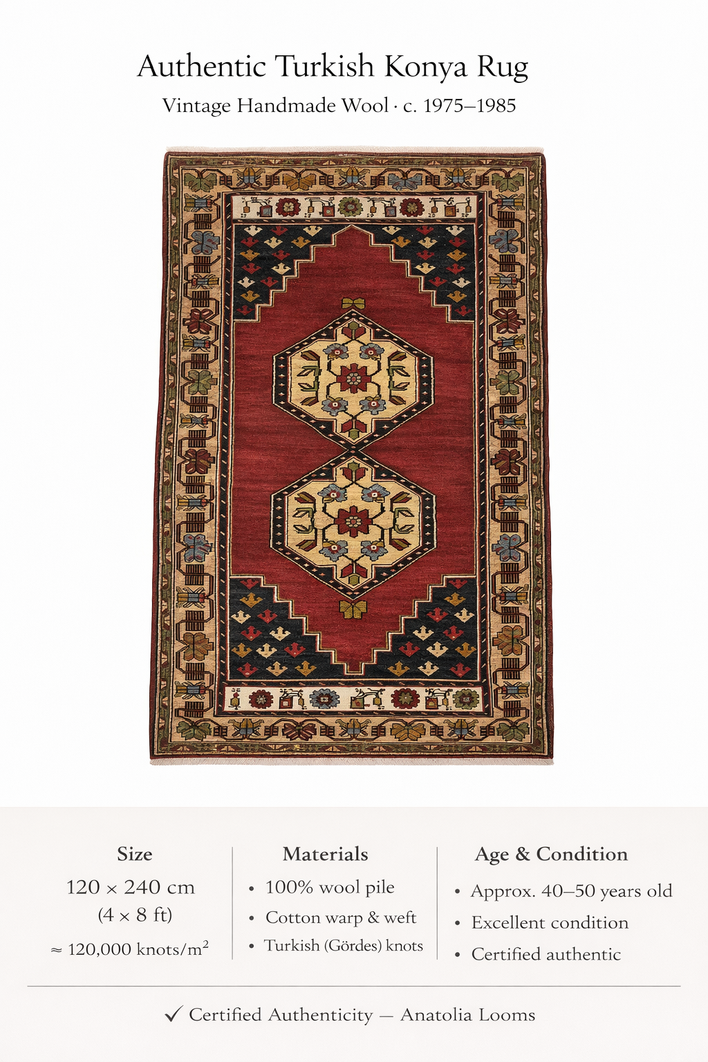 Anatolian Konya Rug – 120×240 cm | Handwoven Wool Tribal Carpet