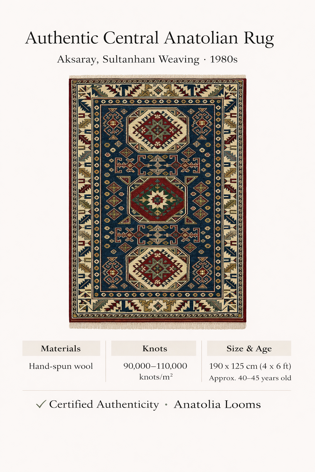 Turkish Aksaray Sultanhanı Rug – 125×190 cm | Handwoven Wool Vintage Carpet