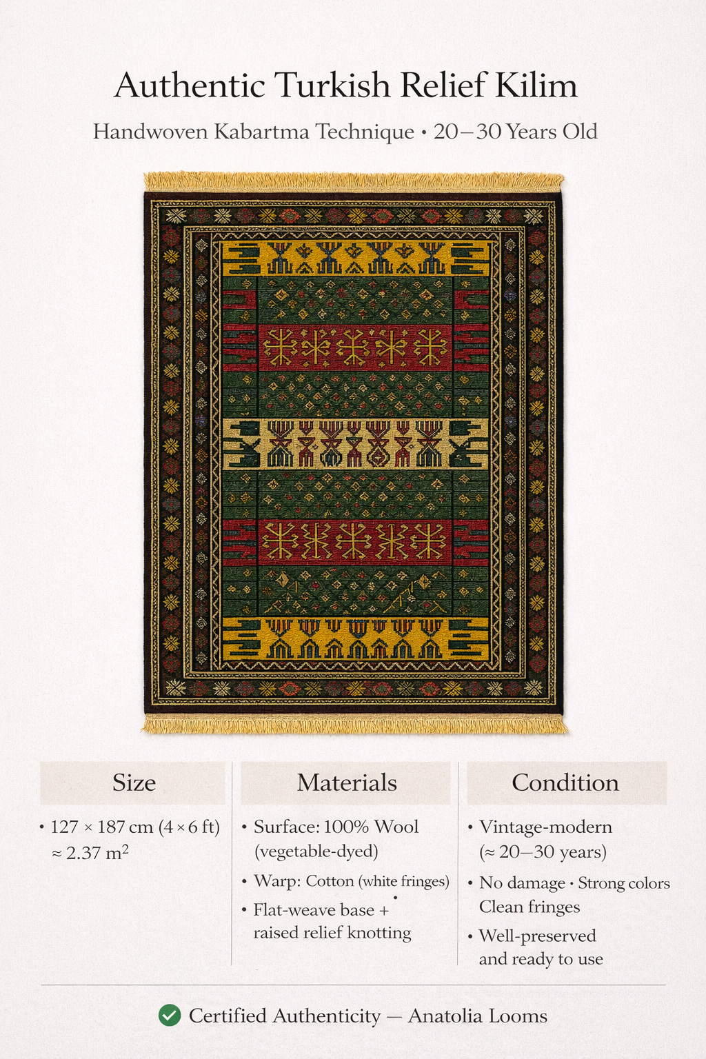 Turkish Kilim Rug – 127 × 187 cm – Raised Relief Weave – Handmade Anatolian Wool – Vintage Tribal Decor
