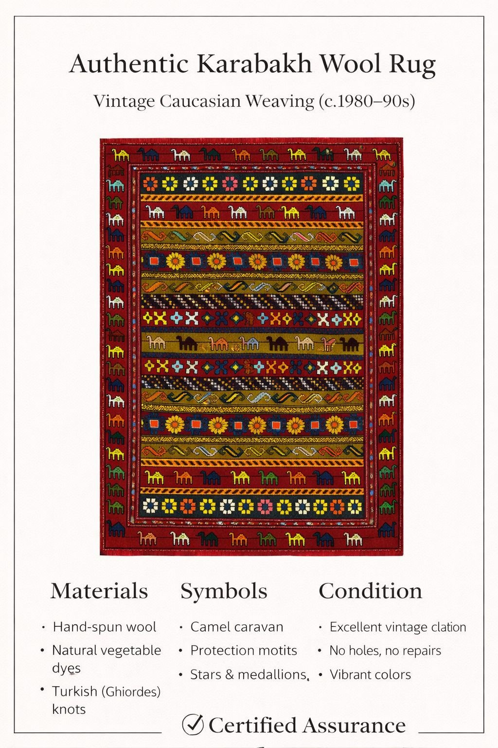 Azerbaijani Karabakh Rug – 130 × 190 cm | Handmade Wool | Camel & Floral Motifs