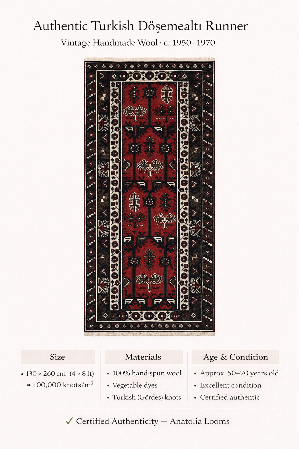 Türk Dokuma Altın Kilimi – 130×260 cm | El Dokuma Yün Kilim