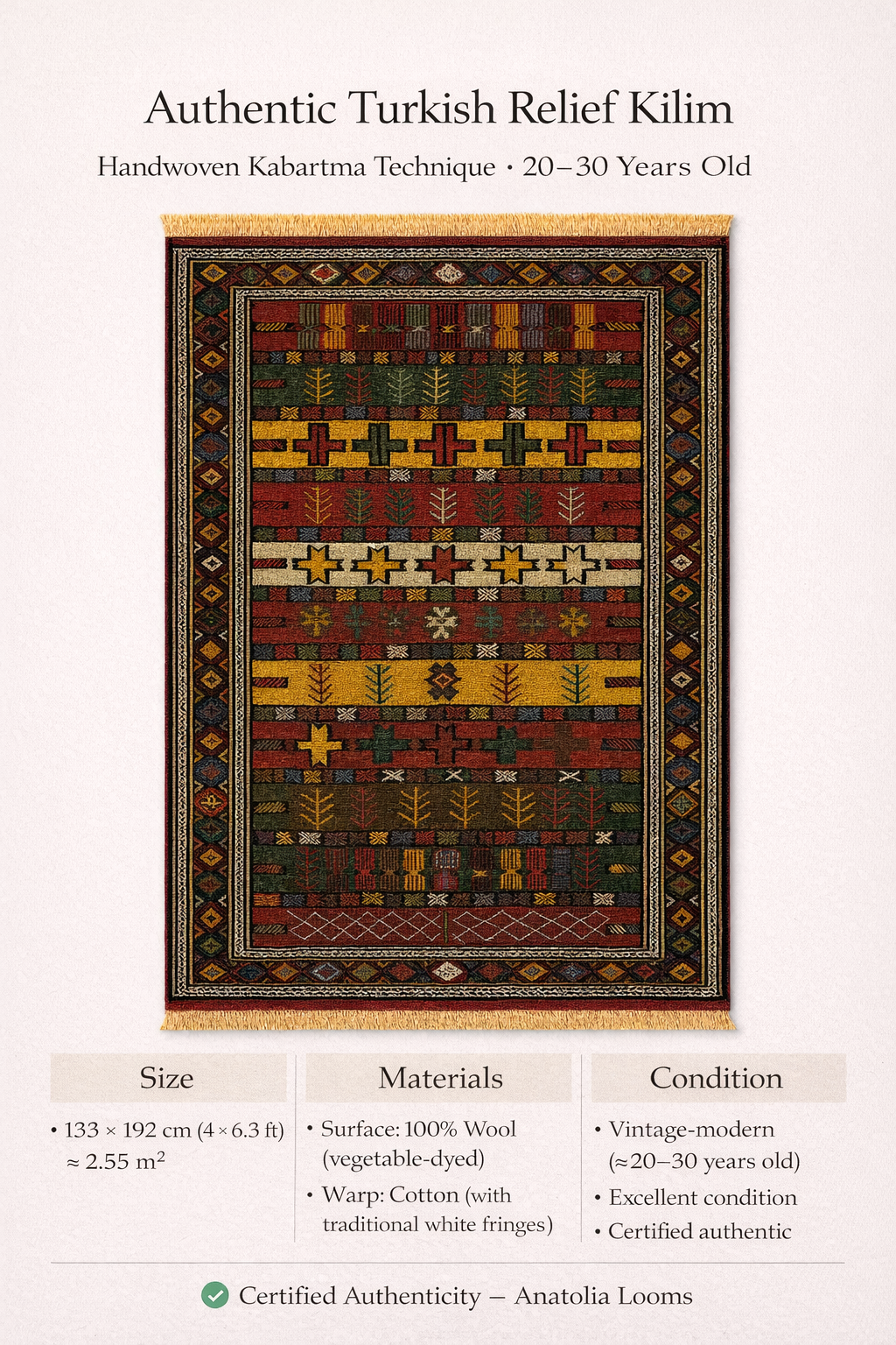Turkish Kilim Rug – 133 × 192 cm – Handmade Wool – Raised Relief Weave – Anatolian Tribal Decor