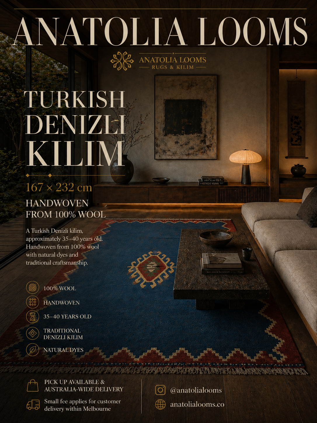 Vintage Turkish Denizli Kilim 167x232 cm – Handwoven Wool Tribal Blue Rug