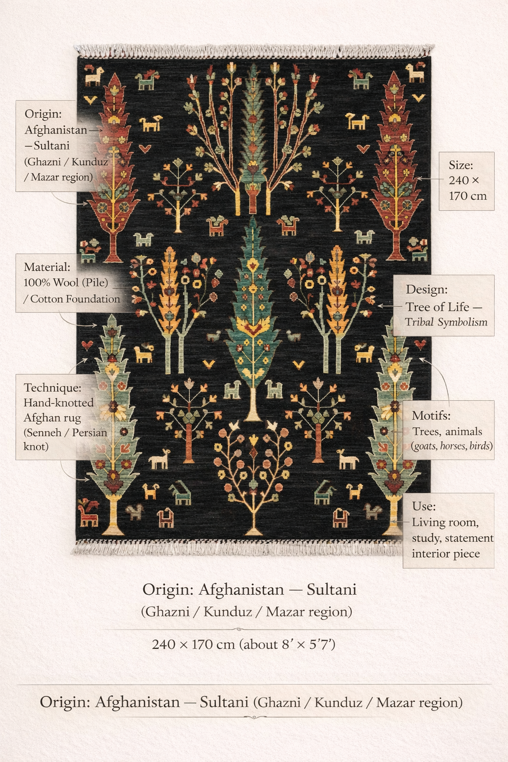 Afghan Sultani Tree of Life Rug – 170×240 cm | Handwoven Wool Tribal Carpet