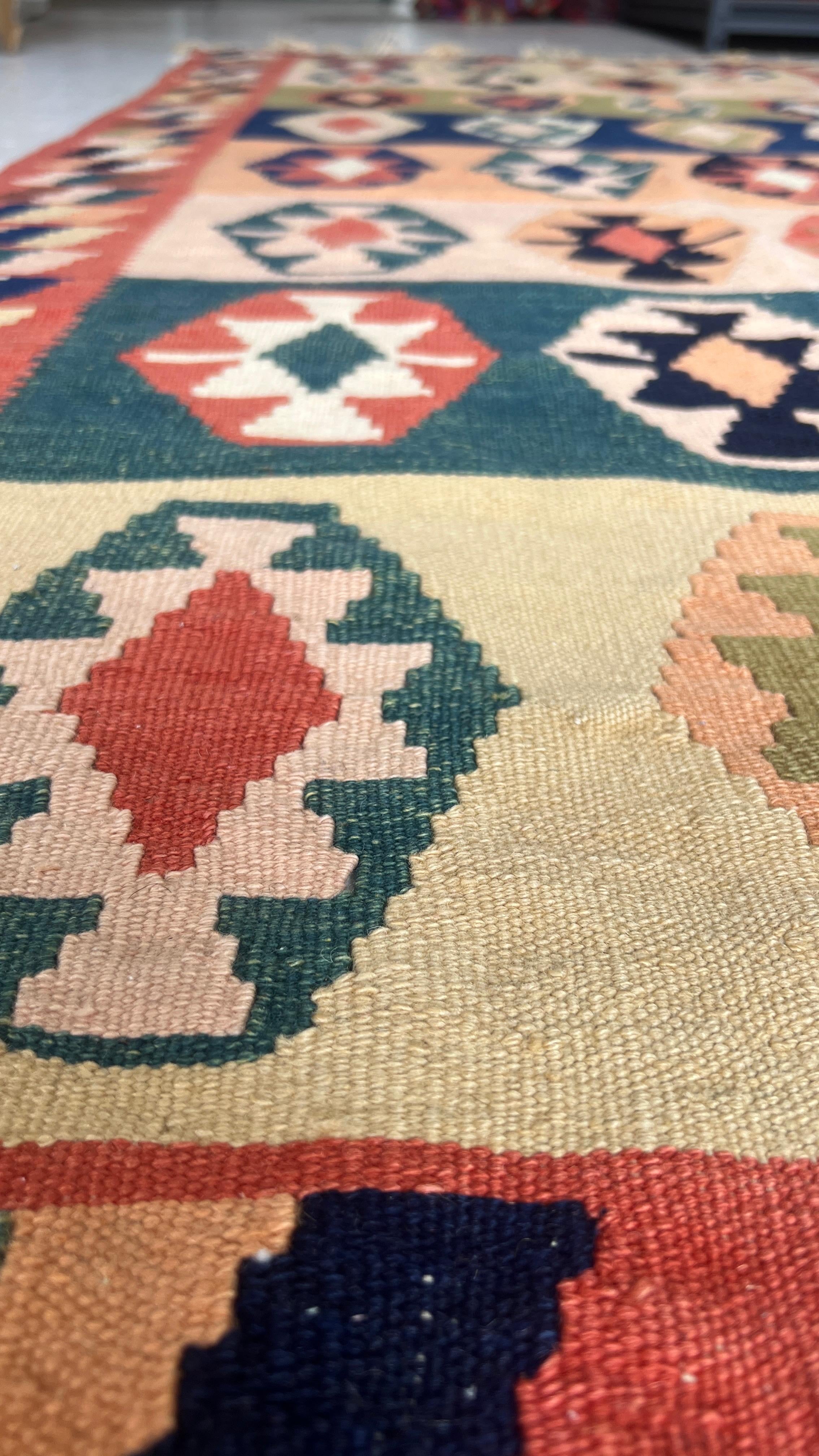 Handwoven Anatolian Kilim Runner – 116x243 cm – Wool Tribal Rug – Vintage Geometric Design