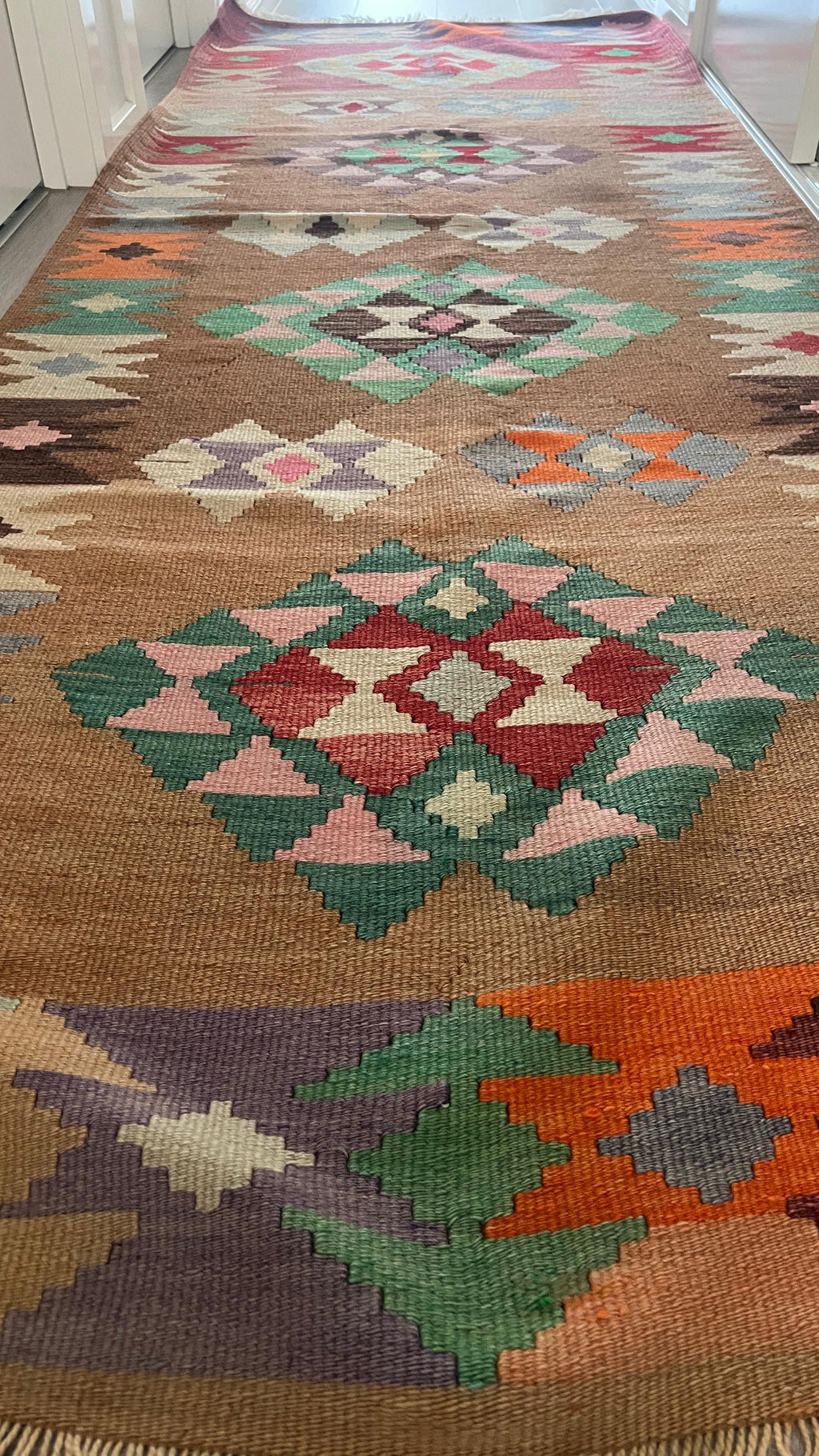 Handwoven Anatolian Kilim Runner – 97x280 cm – Wool Tribal Rug – Vintage Geometric Design