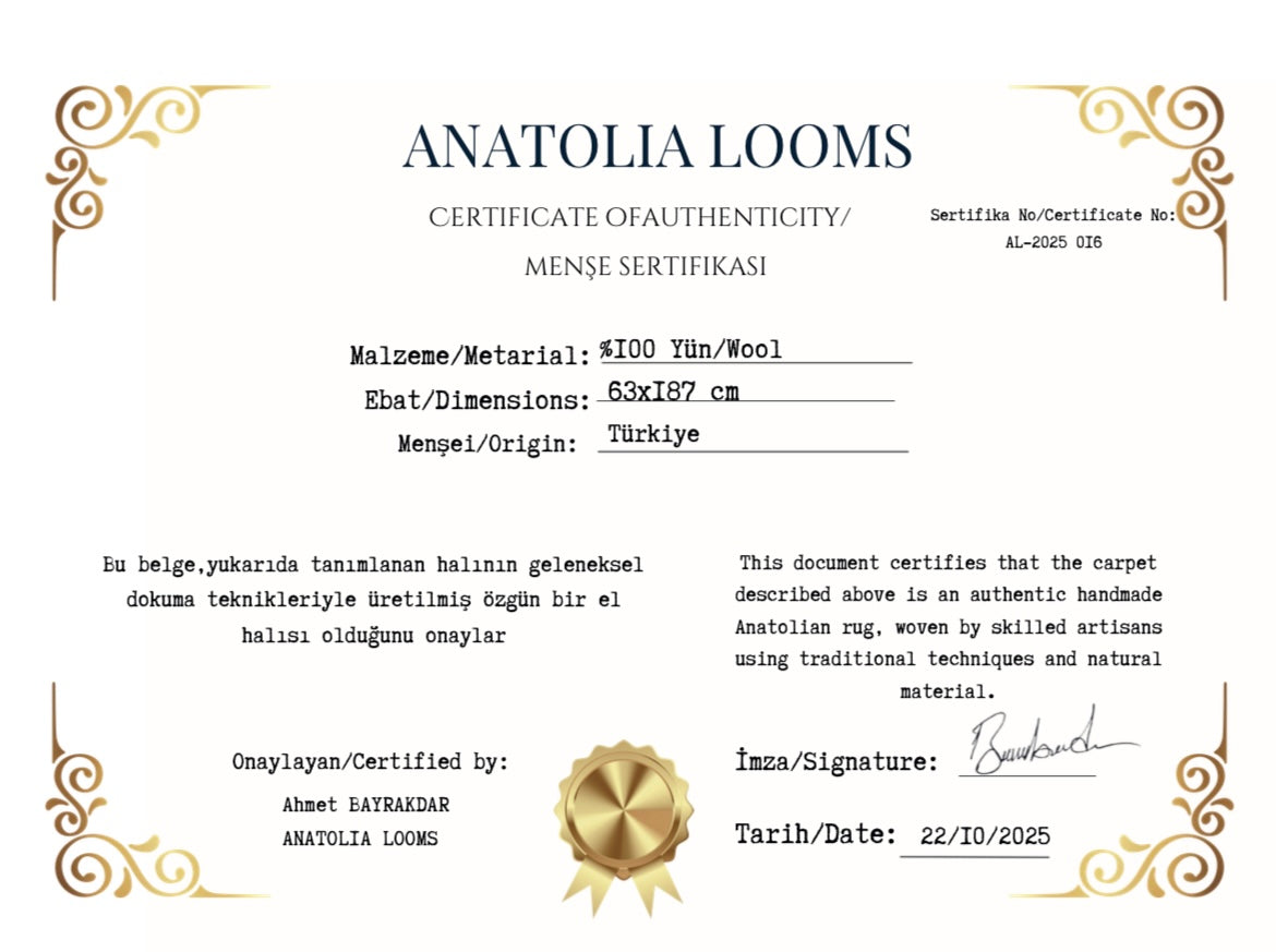 Turkish Turkmen Handwoven Wool Runner Rug – 63×187 cm | Anatolian Tribal Carpet