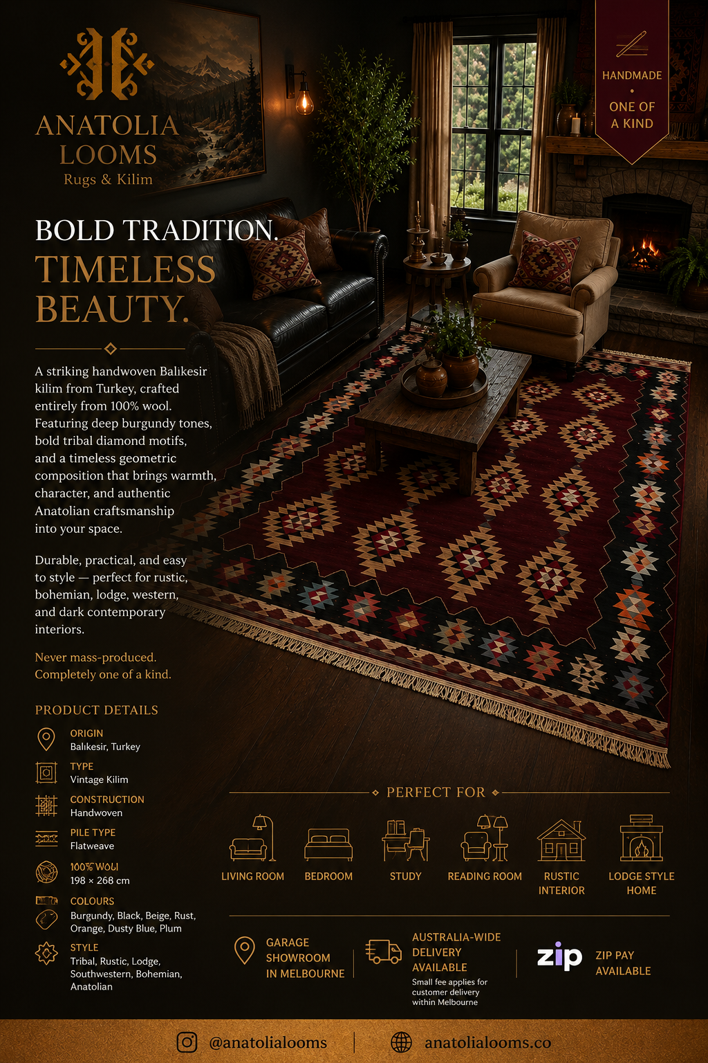 Handwoven Balıkesir Kilim Rug – 198 × 268 cm – Vintage Turkish Wool Rug – Tribal Geometric Flatweave