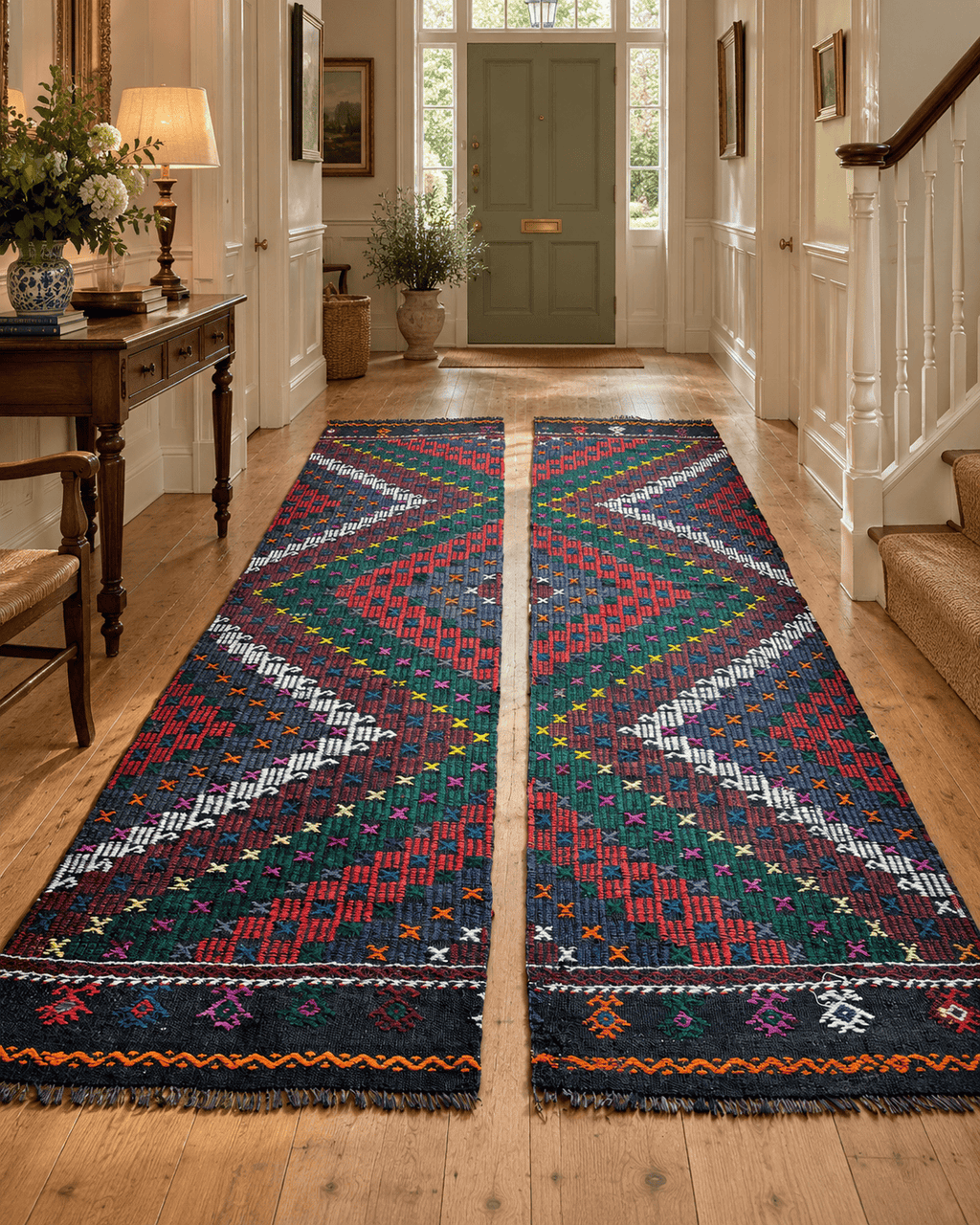 Vintage Balıkesir Cicim Runner, Green & Red, 80 × 300 cm – detail view 1