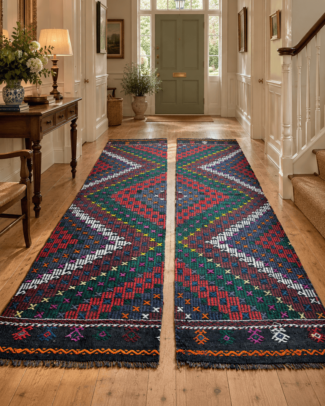 Vintage Balıkesir Cicim Runner, Green & Red, 80 × 300 cm – detail view 1