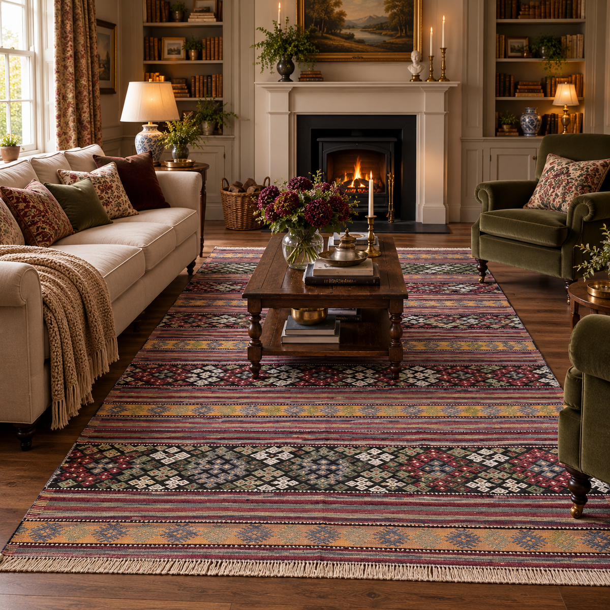 Vintage Anatolian kilim with red and mustard stripes, 185 × 292 cm, full view