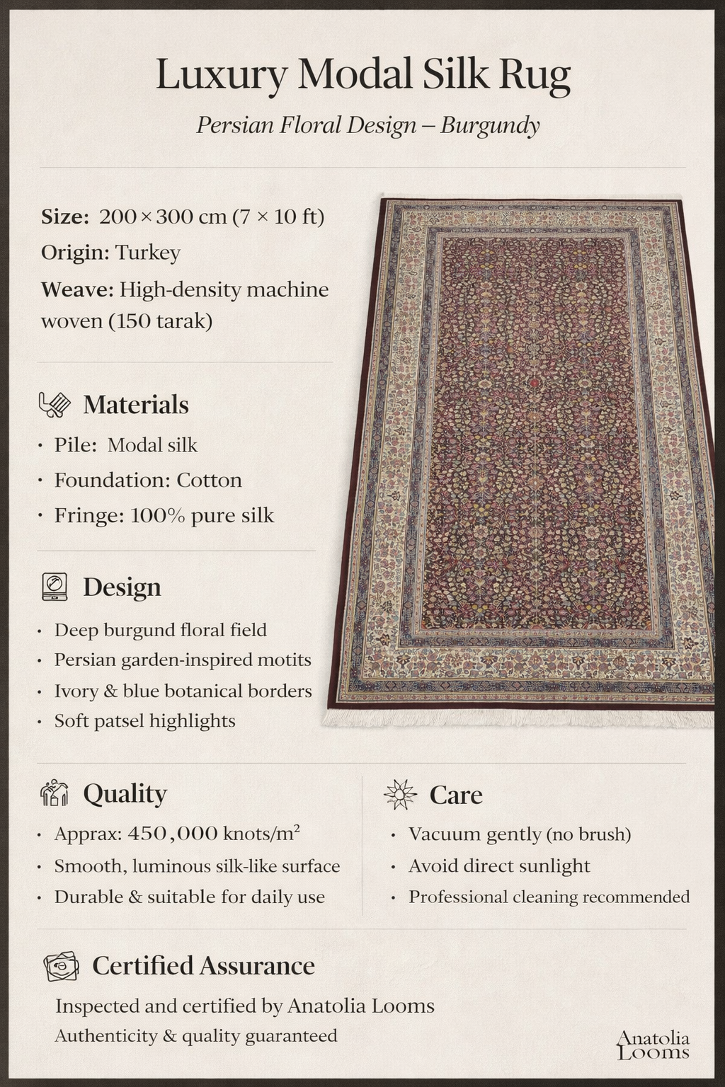 Lüks Modal İpek Halı – 200×300 cm | İran Tarzı Çiçek Desenli Halı