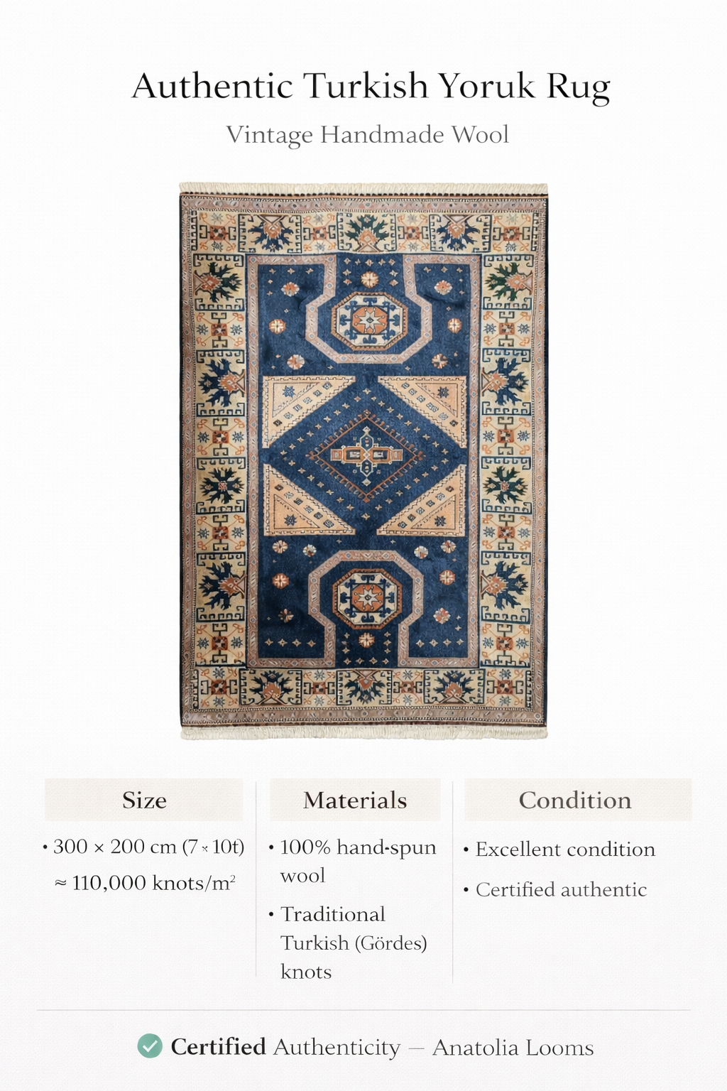Turkish Yoruk Handwoven Rug – 200×300 cm | Anatolian Tribal Wool Carpet