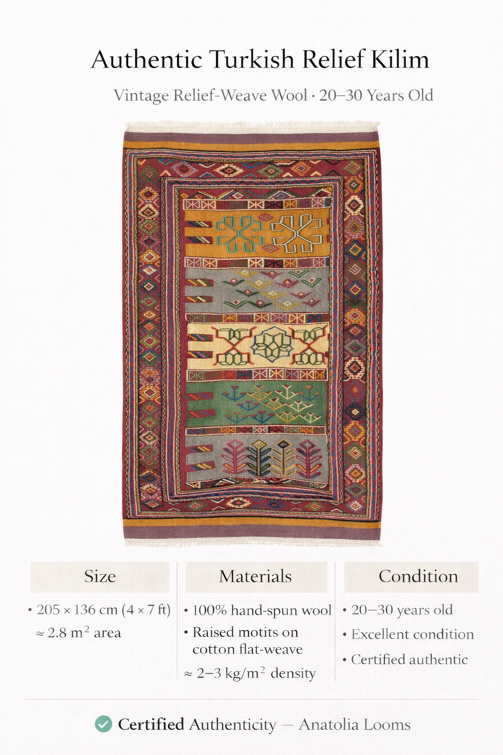 Embossed Anatolian Kilim – 136×205 cm | Handwoven Wool Tribal Carpet