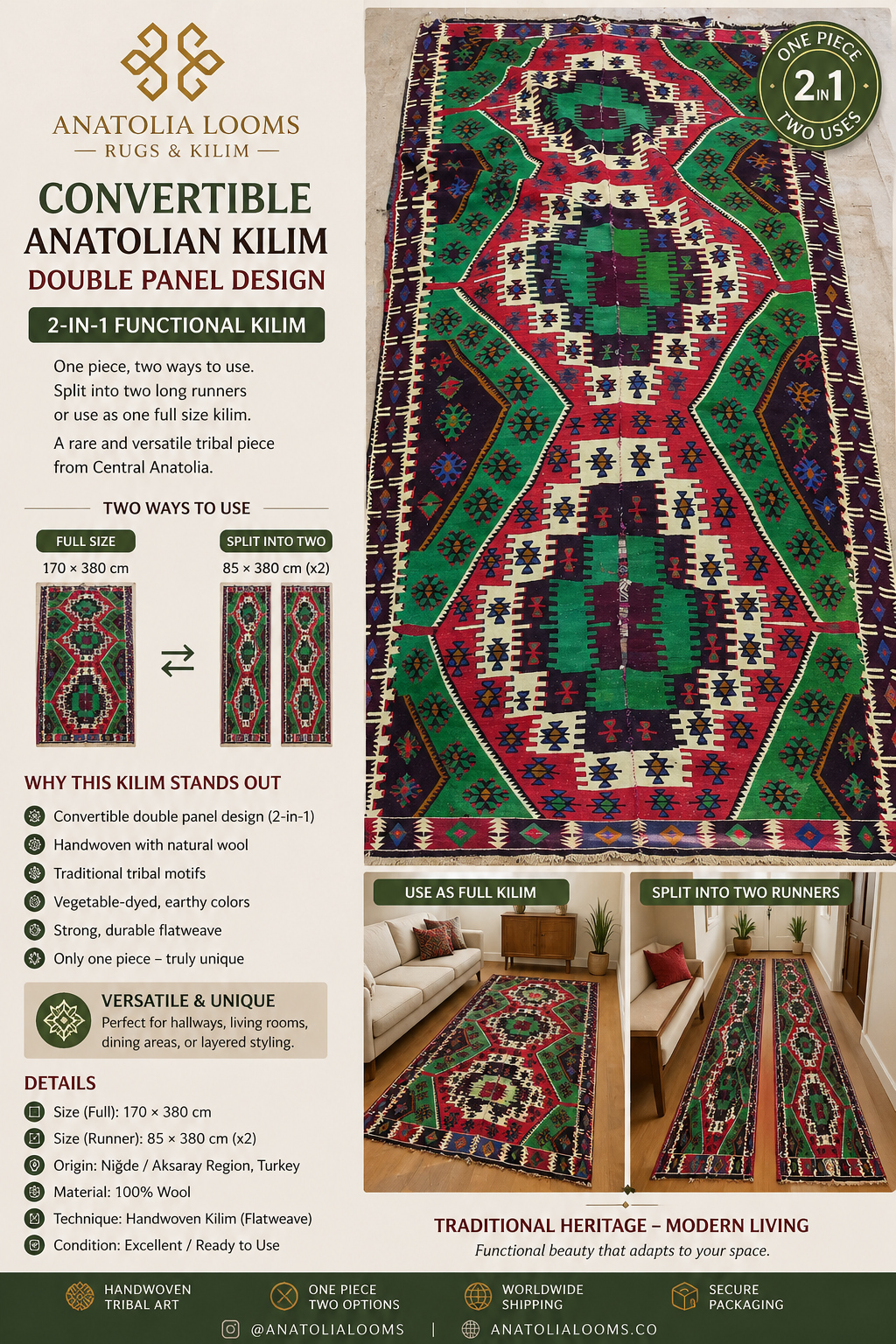170 × 380 cm | 2-in-1 Handmade Anatolian Kilim