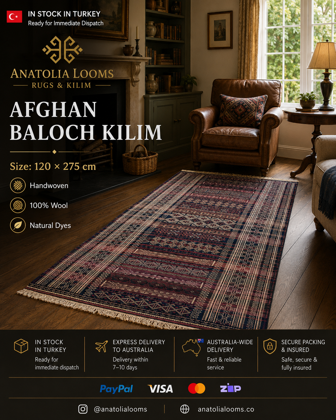 120 × 275 cm | Handmade Afghan Baloch Wool Kilim