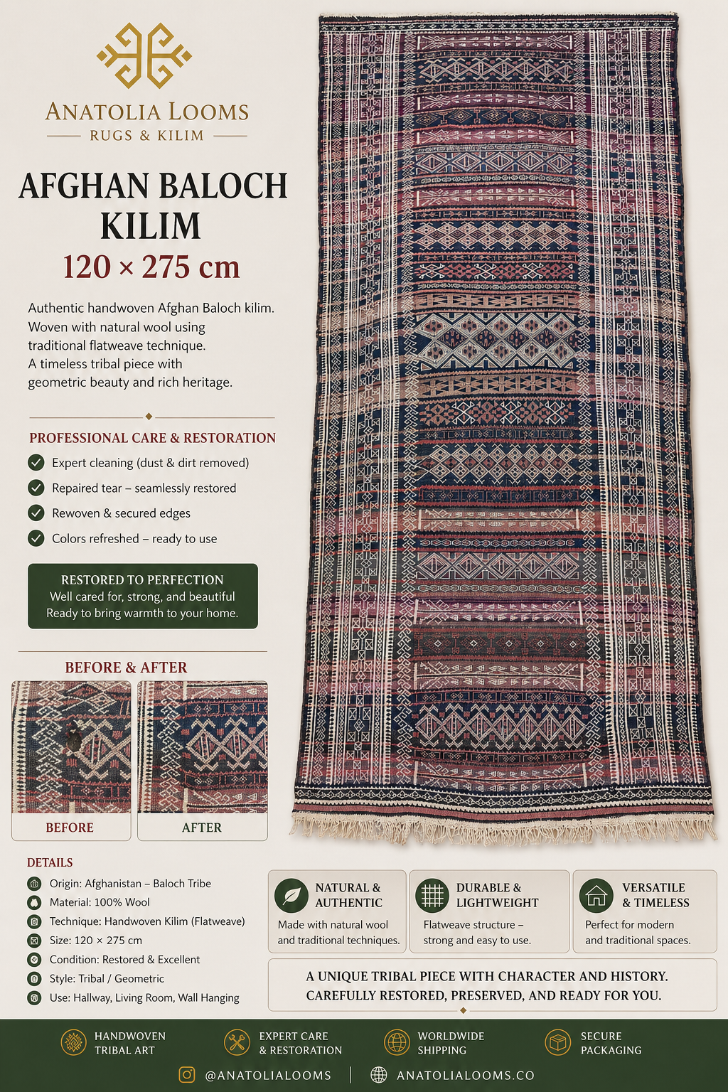 120 × 275 cm | Handmade Afghan Baloch Wool Kilim