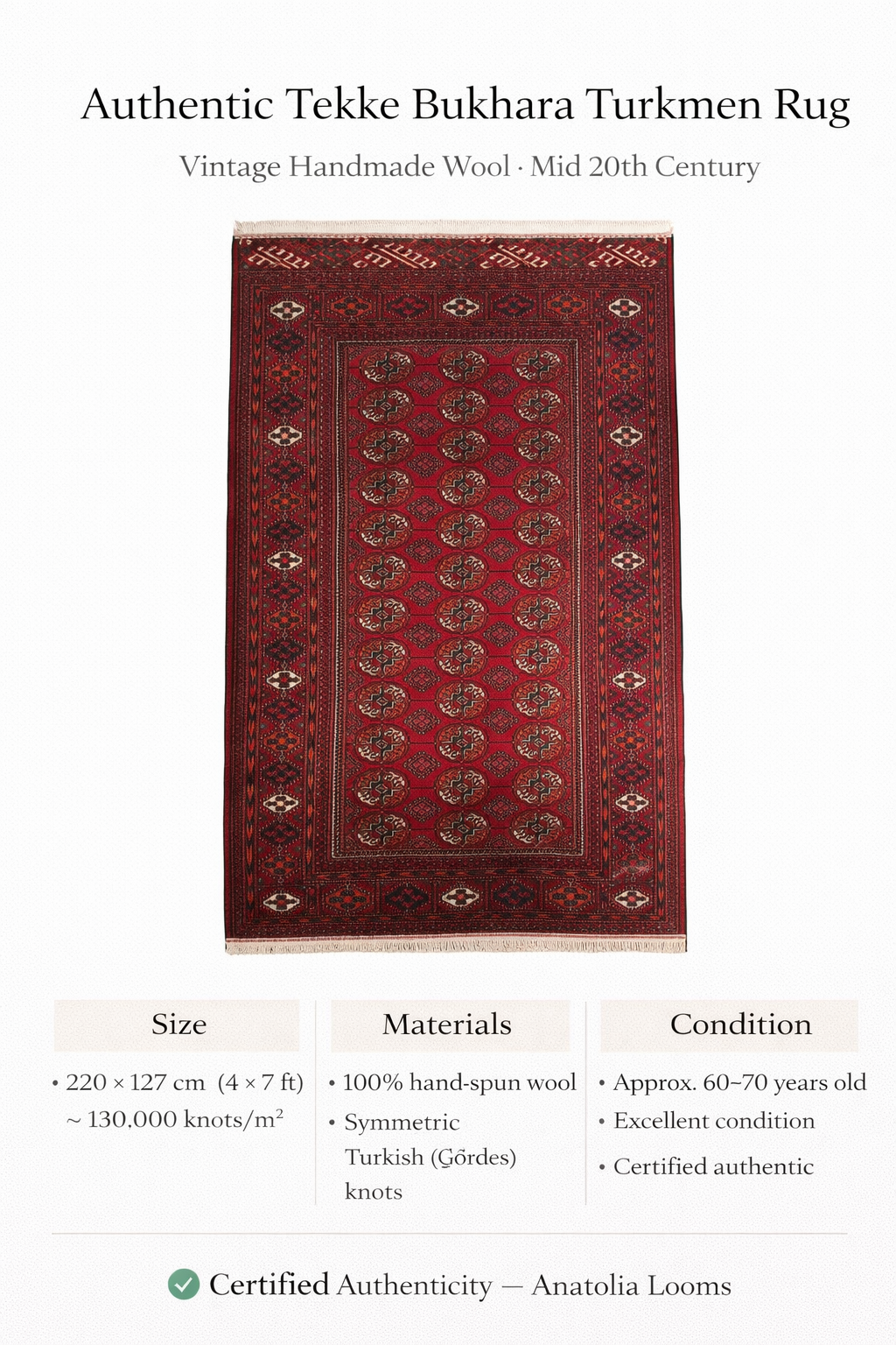 Tekke Bukhara Rug – Turkmen Style 220×127 cm | Handwoven Wool Tribal Carpet