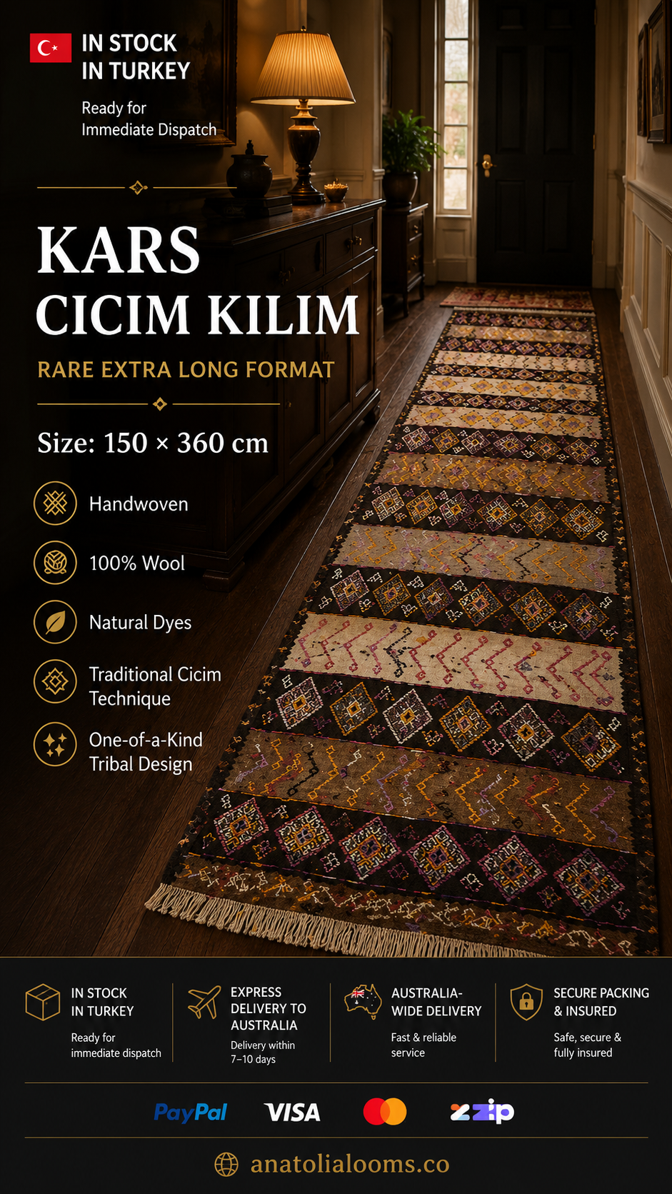 150 × 360 cm | Handmade Kars Cicim Wool Kilim