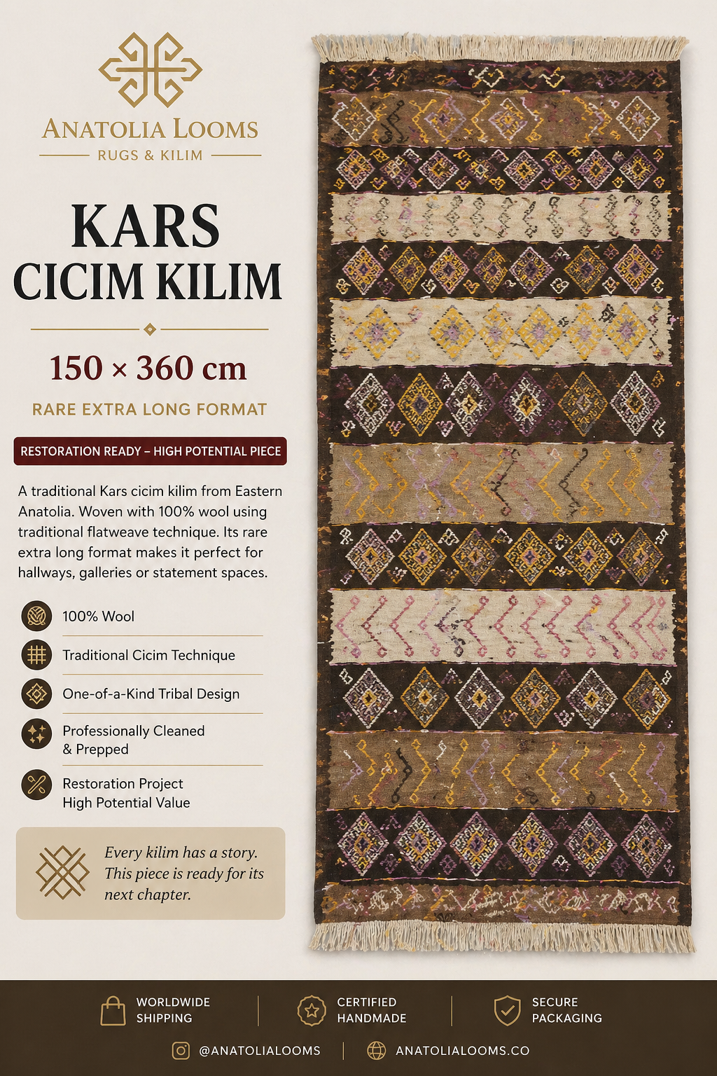 150 × 360 cm | Handmade Kars Cicim Wool Kilim
