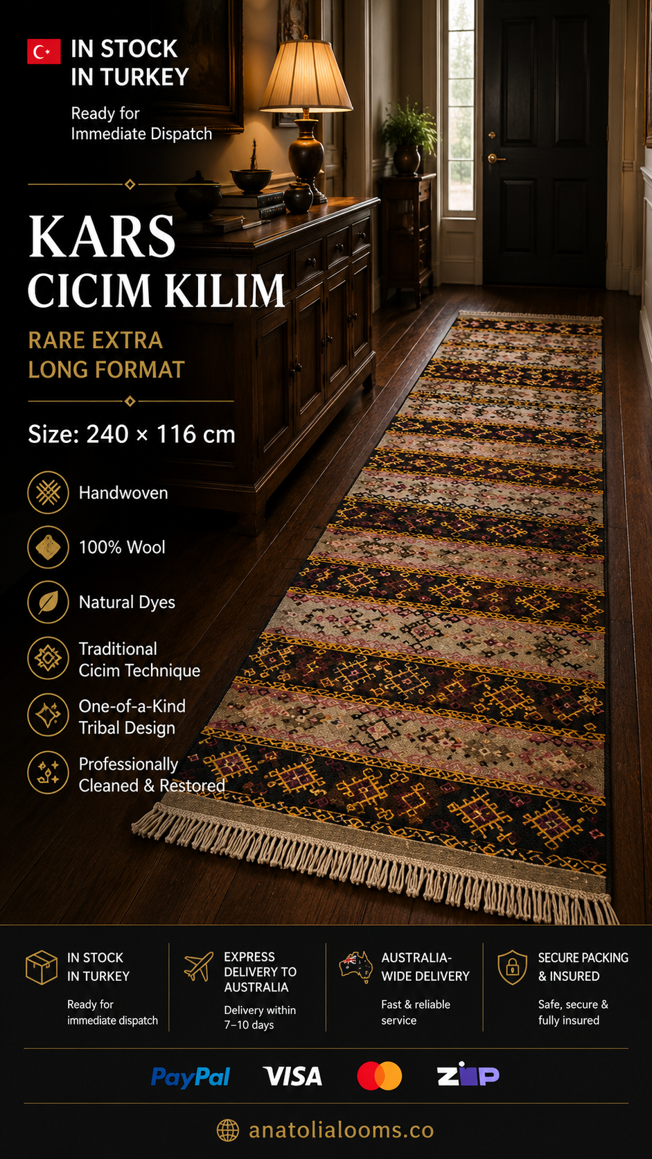 240 × 116 cm | Handmade Kars Cicim Wool Runner