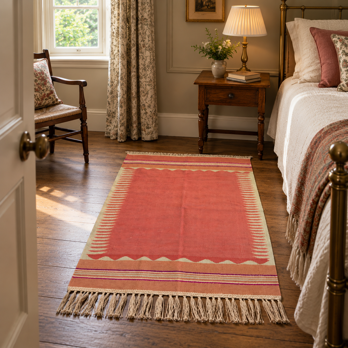 Vintage Bodrum kilim in coral, 102 × 161 cm, styled in a room