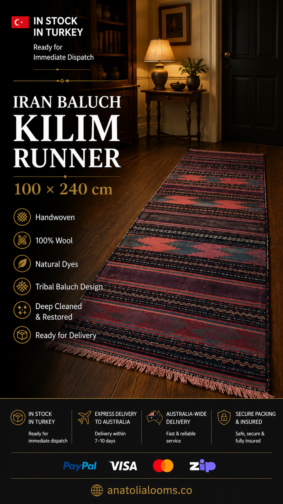 100 × 240 cm | Handmade Baluch Wool Runner