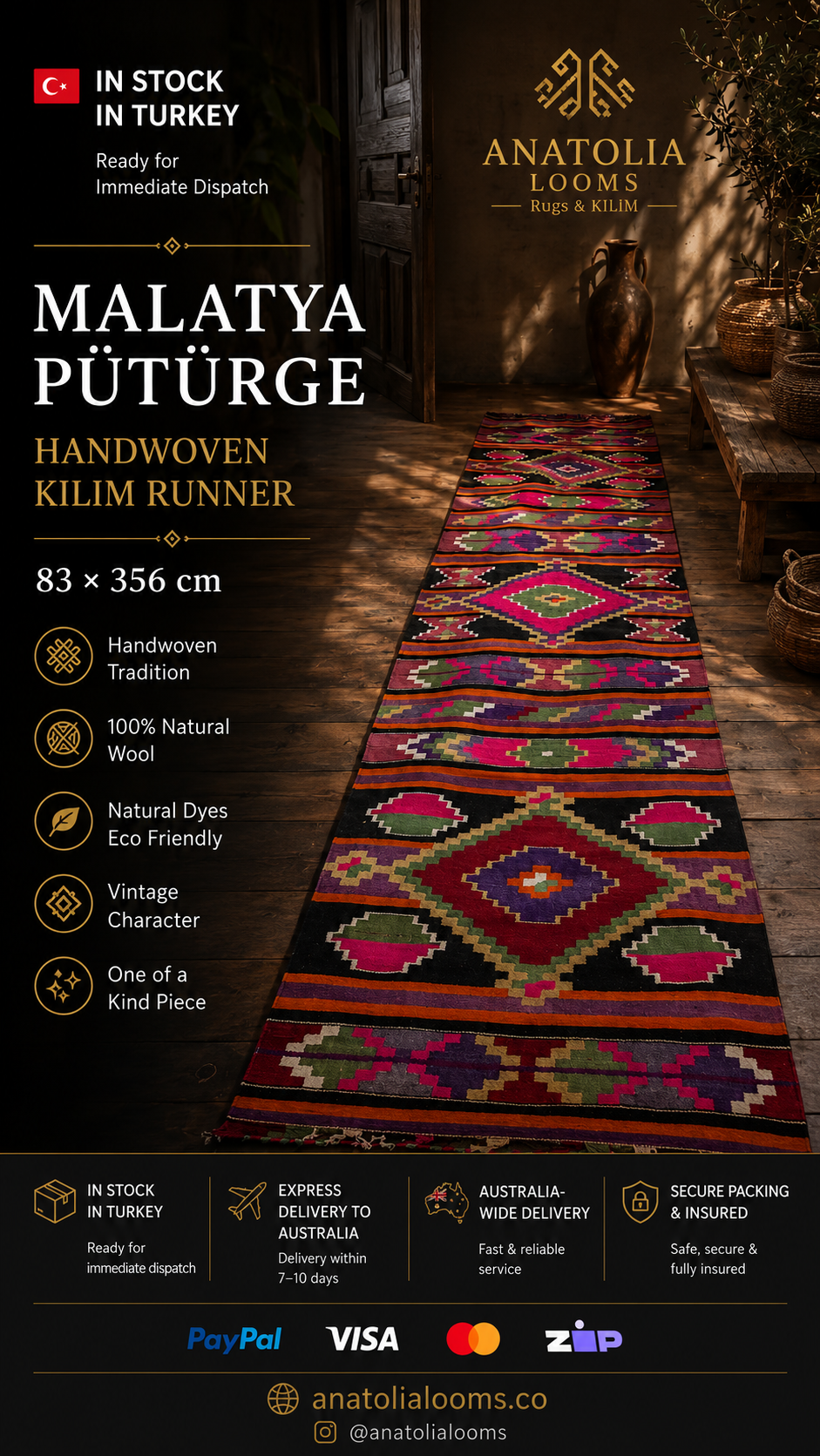 83 × 356 cm | Handmade Pütürge Wool Runner