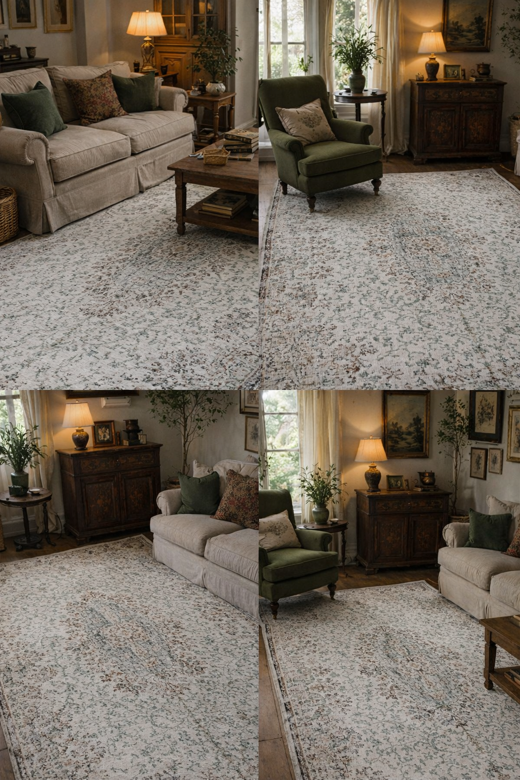 Handwoven Wool Rug – 163x259 cm – Vintage Look Medallion – Neutral Ivory Sage Green Carpet
