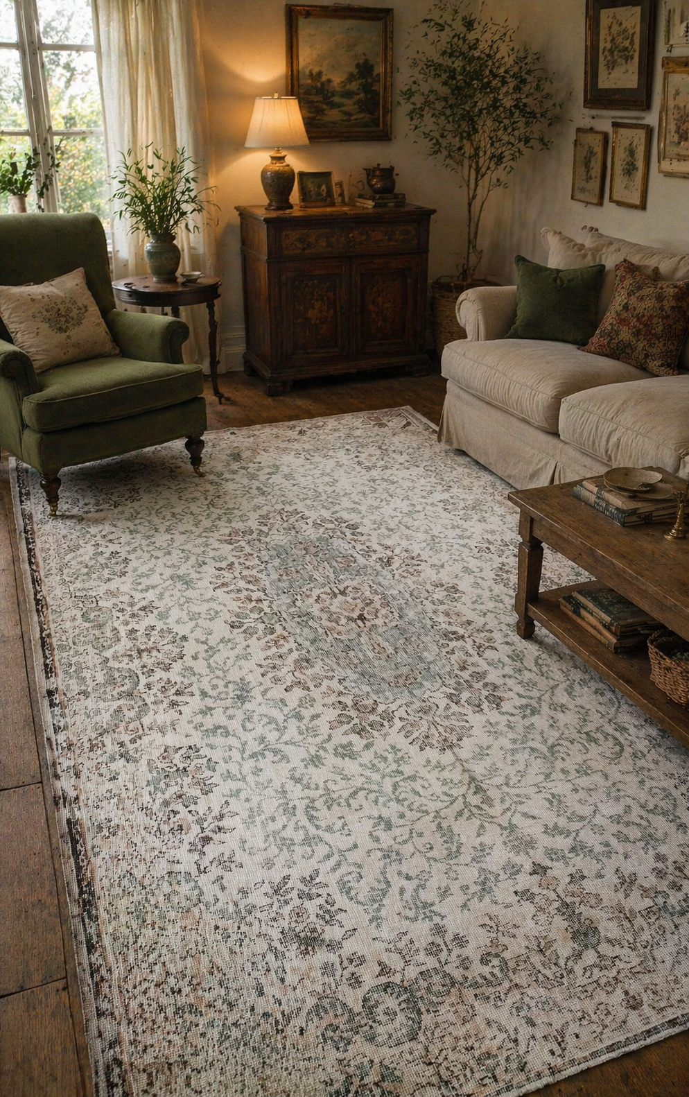 Handwoven Wool Rug – 163x259 cm – Vintage Look Medallion – Neutral Ivory Sage Green Carpet
