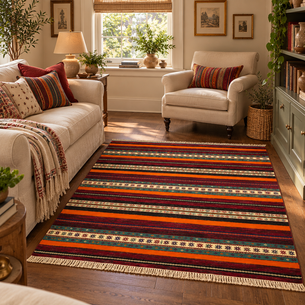 Vintage Balıkesir kilim in burgundy and orange stripes, 170 × 217 cm