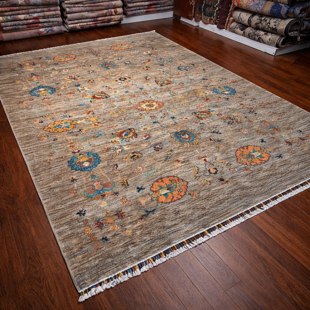 Afghan Sultani Chobi Rug – 200×300 cm – Hand-Knotted Wool – Grey Beige Floral Statement Carpet