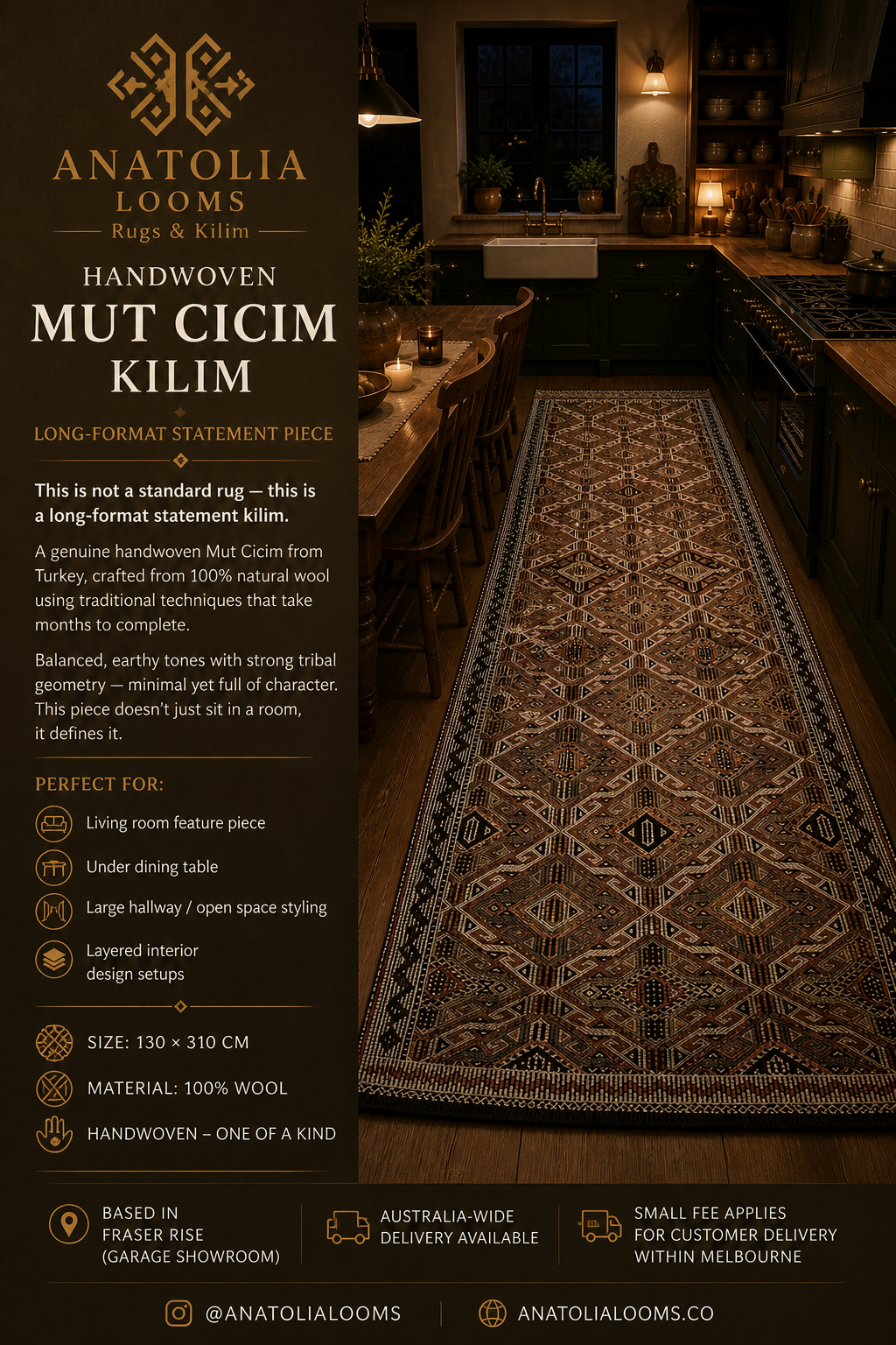 Mut Cicim Kilim 130x310 cm – Handwoven Wool Runner – Neutral Tribal Anatolian Rug