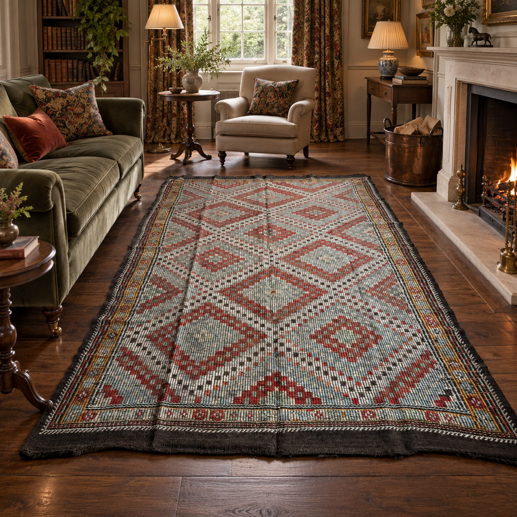 Vintage Balıkesir Cicim Kilim, Pale Blue & Red, 195 × 343 cm – detail view 1