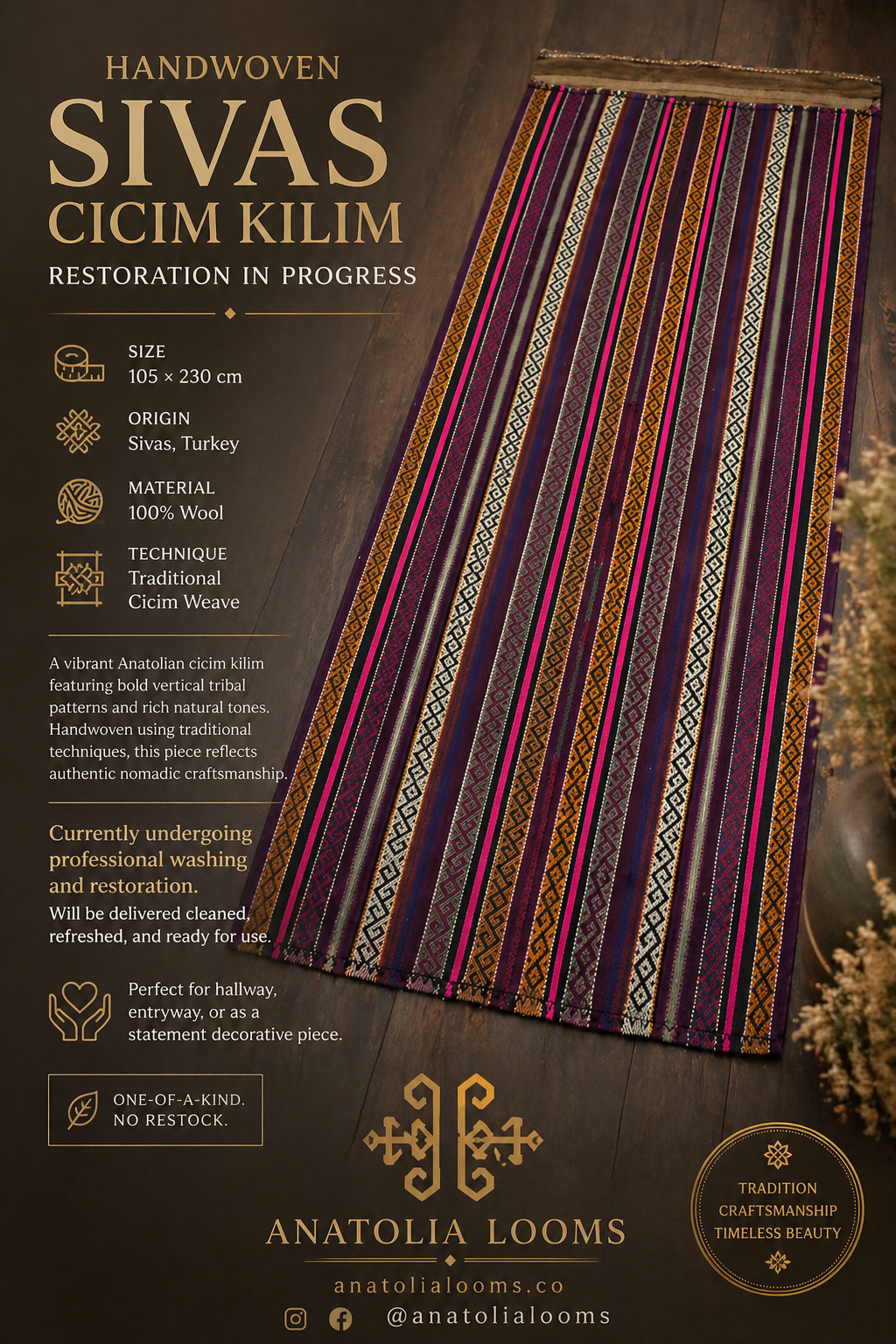 105 × 230 cm | Handmade Sivas Cicim Wool Kilim