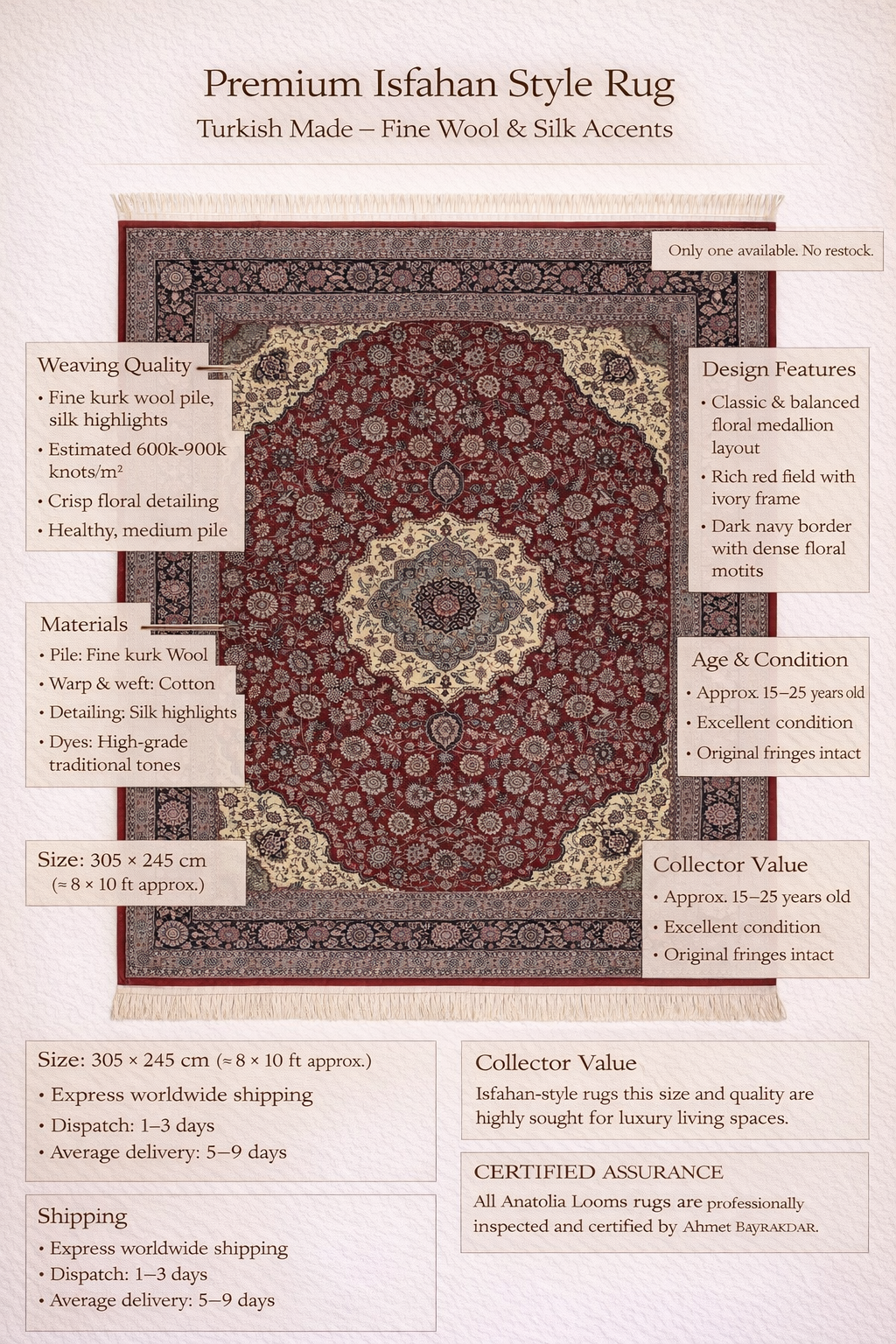 Turkish-Made Isfahan Style Rug – 305 × 245 cm – Fine Wool & Silk Highlights – Luxury Floral Medallion