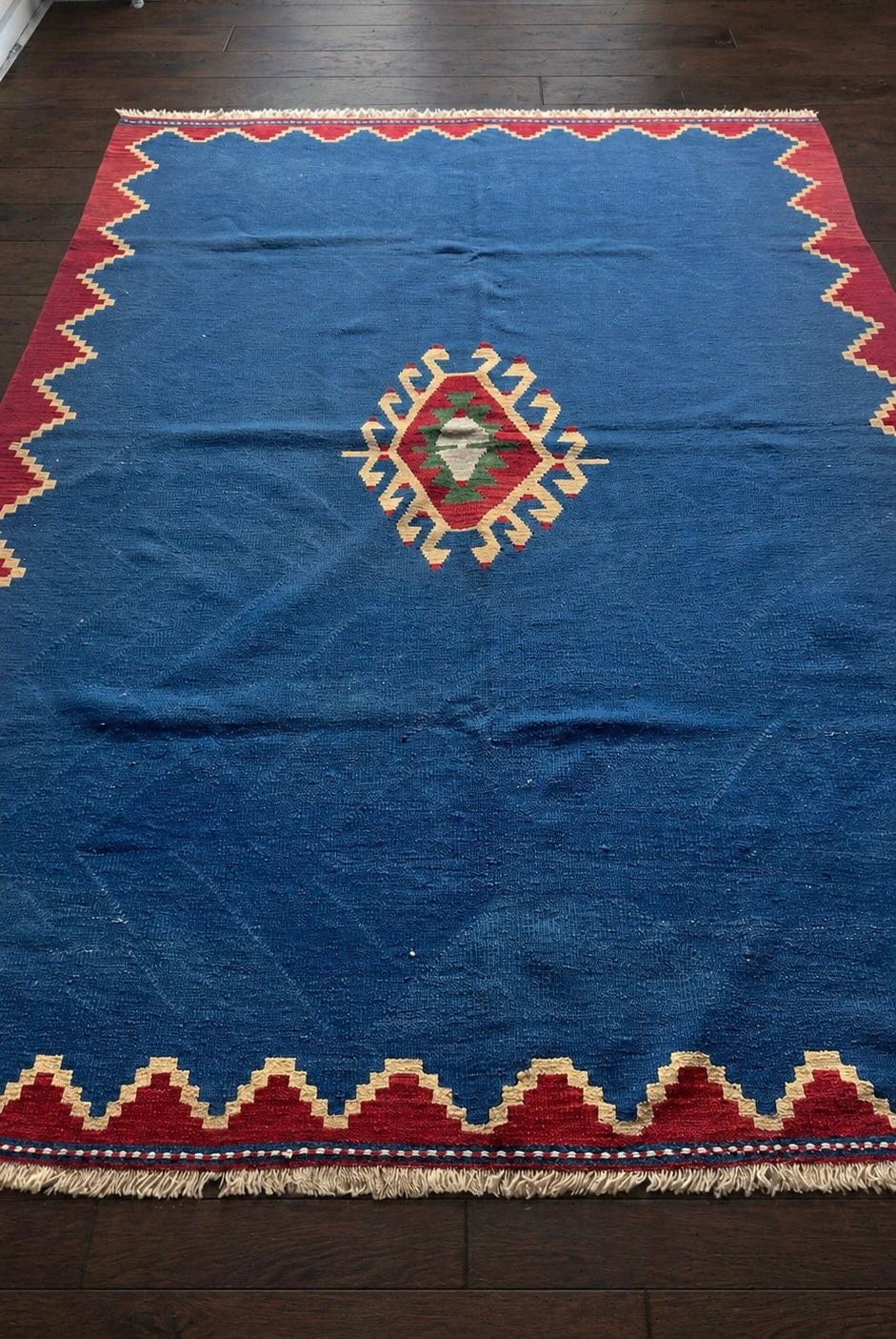 Vintage Turkish Denizli Kilim 167x232 cm – Handwoven Wool Tribal Blue Rug