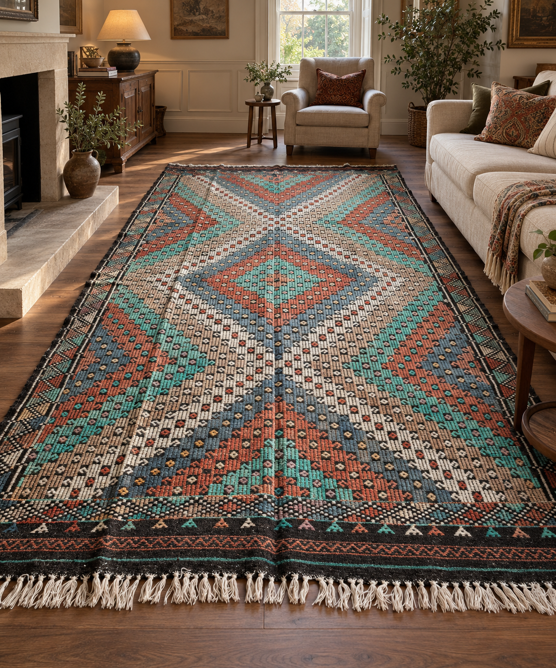 Vintage Manisa Cicim Kilim, Turquoise & Rust, 200 × 344 cm – detail view 1