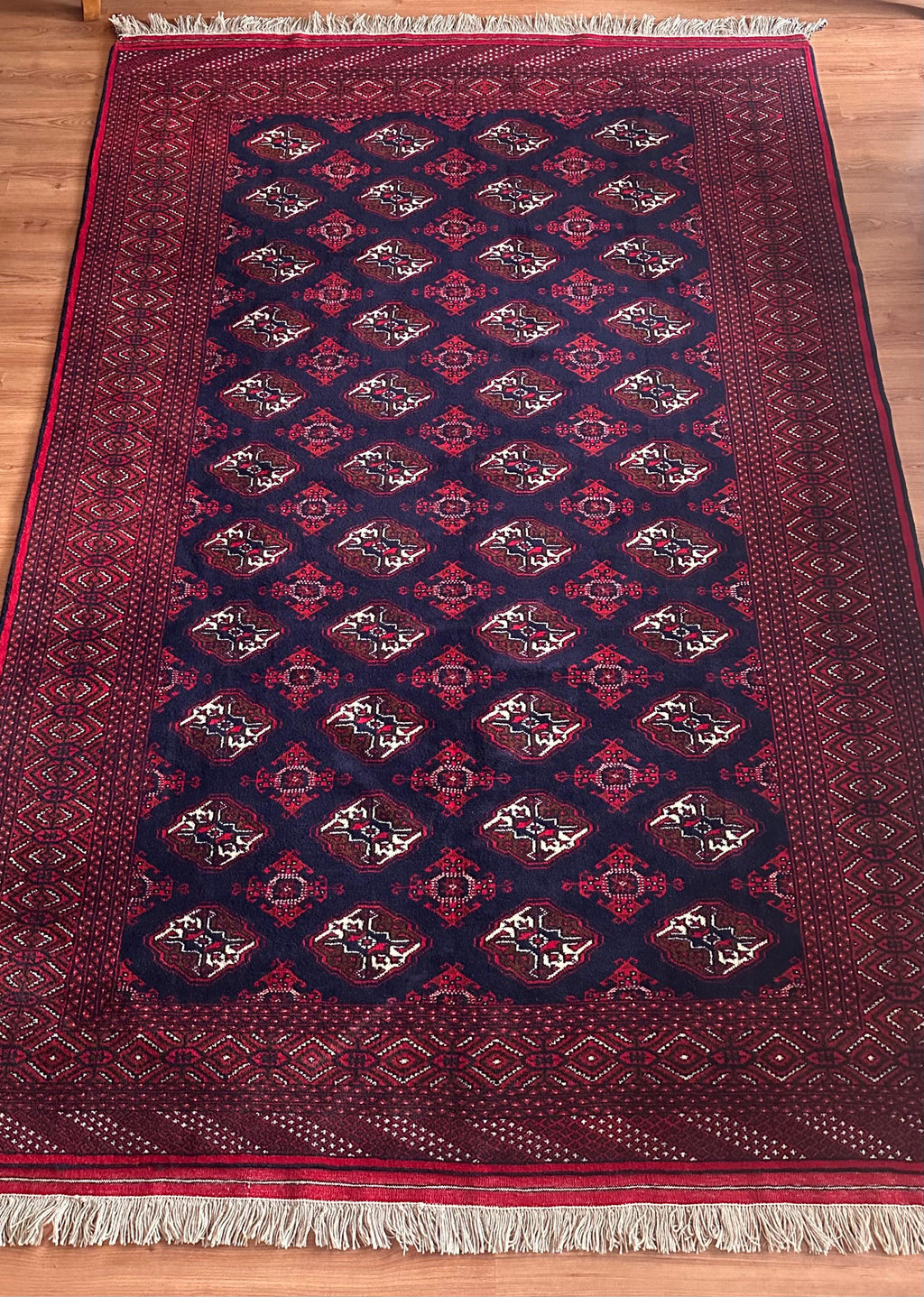 Handwoven Turkmen Rug – 204 x 300 cm | Traditional Burgundy & Navy Area Rug