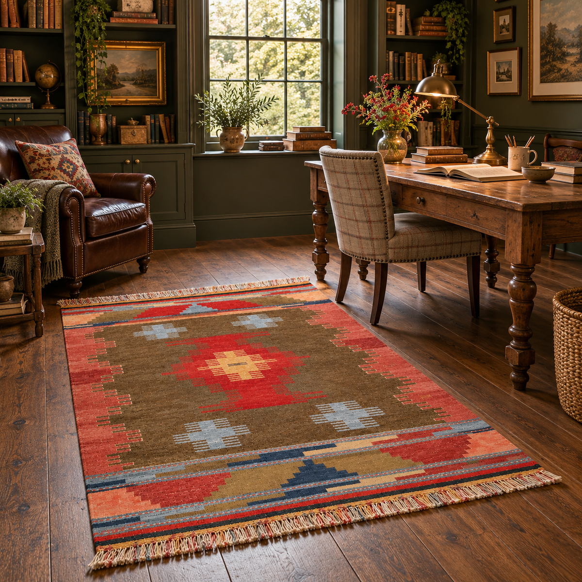 Vintage Oushak Kilim, Olive Green, 124 × 170 cm – detail view 1
