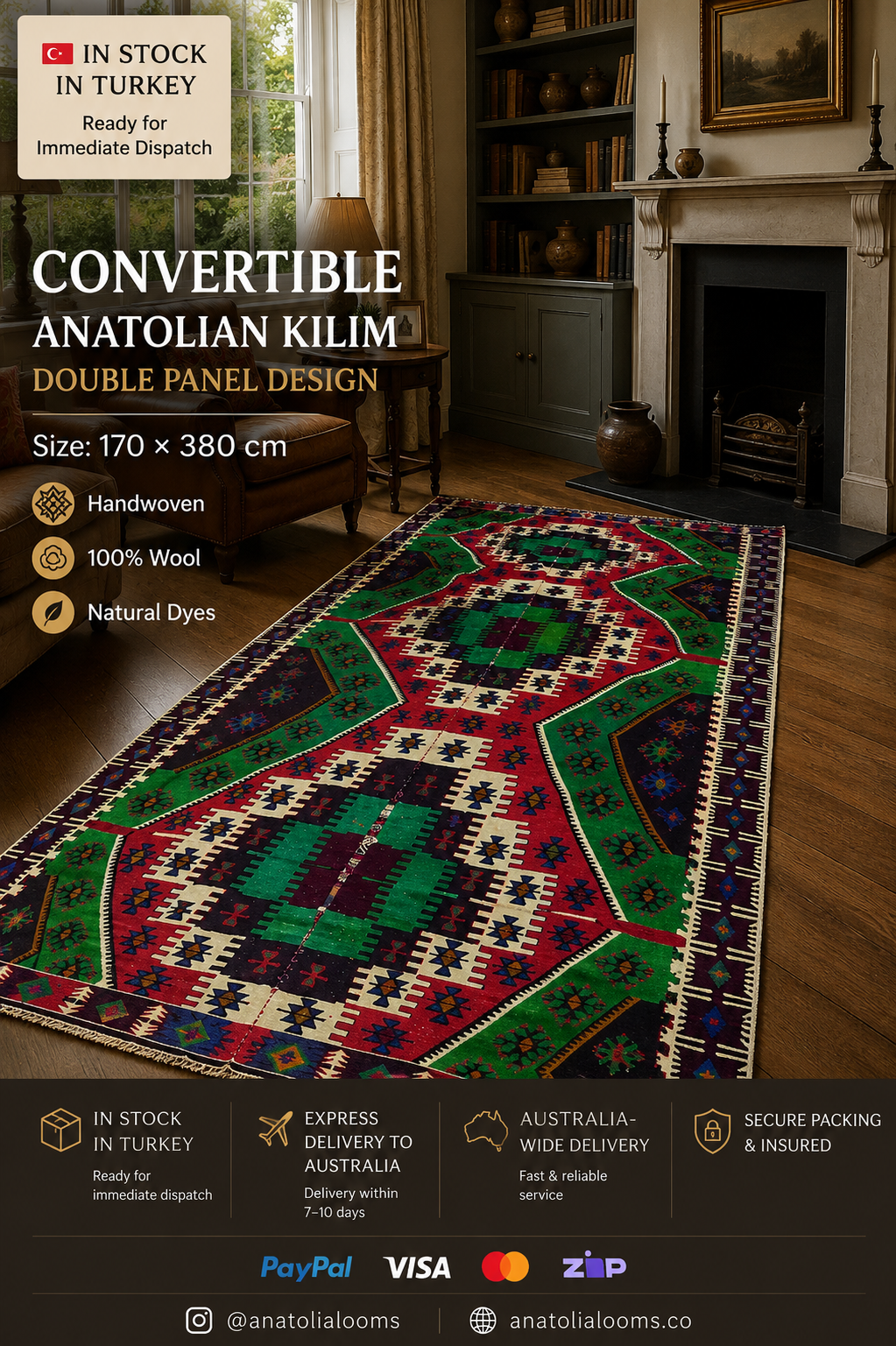 170 × 380 cm | 2-in-1 Handmade Anatolian Kilim