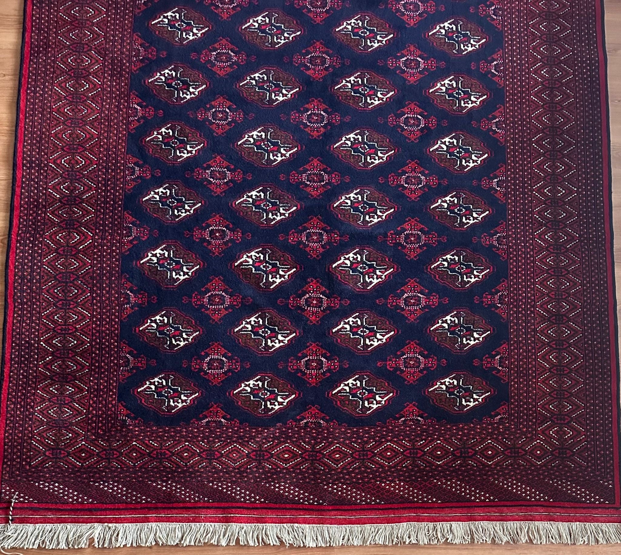 Handwoven Turkmen Rug – 204 x 300 cm | Traditional Burgundy & Navy Area Rug