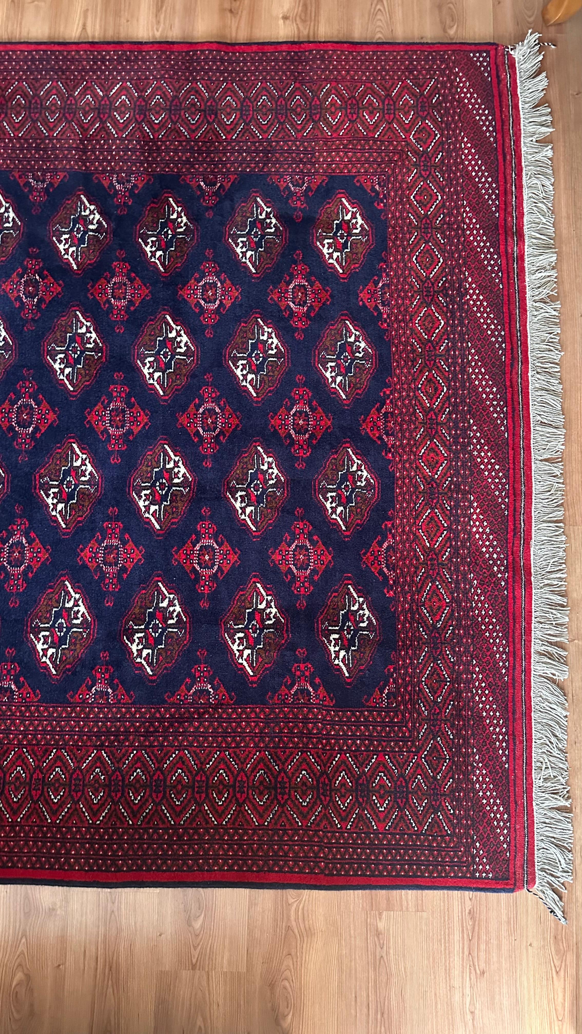 Handwoven Turkmen Rug – 204 x 300 cm | Traditional Burgundy & Navy Area Rug